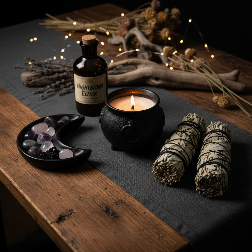 An array of handmade hippie/witchy home goods arranged on a rough, charcoal-toned linen runner over a reclaimed wood table. There is a matte black ceramic cauldron candle with a crackling wooden wick, bundles of ethically sourced sage and lavender bound with black twine, a crescent-moon shaped obsidian dish filled with tumbled crystals, and a dark glass apothecary bottle labeled in handwritten script. In the background, faint fairy lights weave through driftwood and dried flowers, softly out of focus. The lighting is low, warm, and intimate, like late-night lamplight, highlighting the textures of wax, herbs, and stone and casting long, gentle shadows. Captured at a slightly elevated angle with a cozy but gothic aesthetic, the composition feels curated yet organic, emphasizing artisanal craftsmanship and moody, boho-witch home decor.