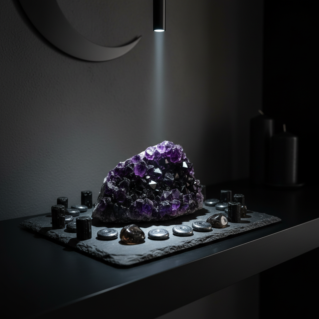A moody, photographic realism close-up of a large, almost-black amethyst cluster resting on a slate tray, its deep violet crystals shimmering subtly. Around it, smaller polished stones—black tourmaline, hematite, and smoky quartz—form a protective circle. The tray sits atop a matte black shelf against a dark, textured wall. A single narrow beam of cool-toned light from above illuminates the main cluster, leaving the rest of the scene in velvety shadow and creating sparkling highlights within the facets. In the soft-focus background, a minimalist crescent moon metal wall hanging and a few black pillar candles add context. Shot from a low, slightly side angle, the mood is powerful, grounding, and slightly mysterious, emphasizing the crystal’s energy and beauty in a sleek, modern witchy interior.