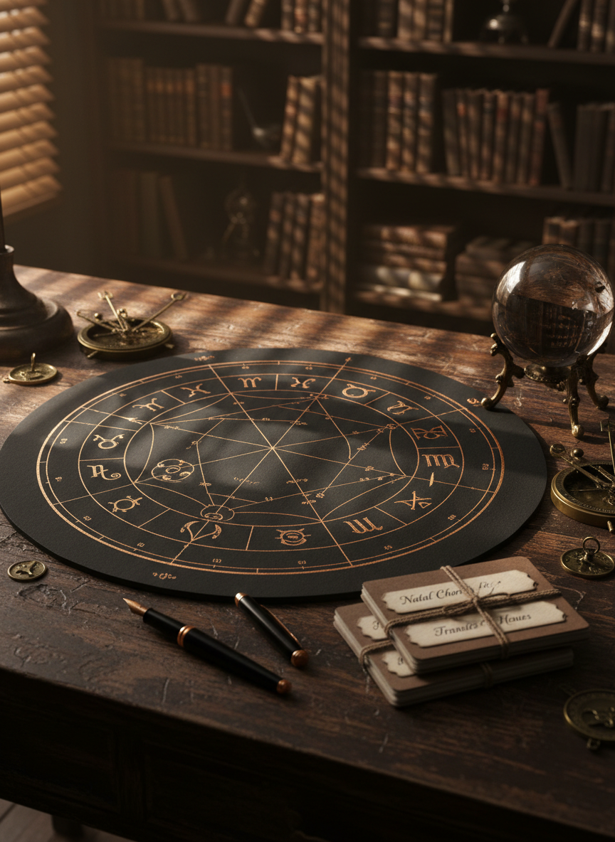 A dramatic, photographic realism scene of a large, circular birth chart printed on thick matte black paper with metallic copper planetary glyphs and delicate geometric lines. The chart lies on a distressed dark-wood desk, surrounded by vintage brass compasses, a black fountain pen, and a small stack of hand-labeled astrology notebooks tied with twine. To one side, a smoky quartz sphere rests on an ornate stand, reflecting the chart’s symbols. The setting is a dim, occult-style study with dark bookcases fading into the background. Soft, golden hour light filters through unseen blinds, creating slashes of warm light and deep shadow across the desk. Shot from a slightly overhead three-quarter angle with sharp focus on the chart and subtle background blur, the mood is scholarly, arcane, and richly atmospheric.