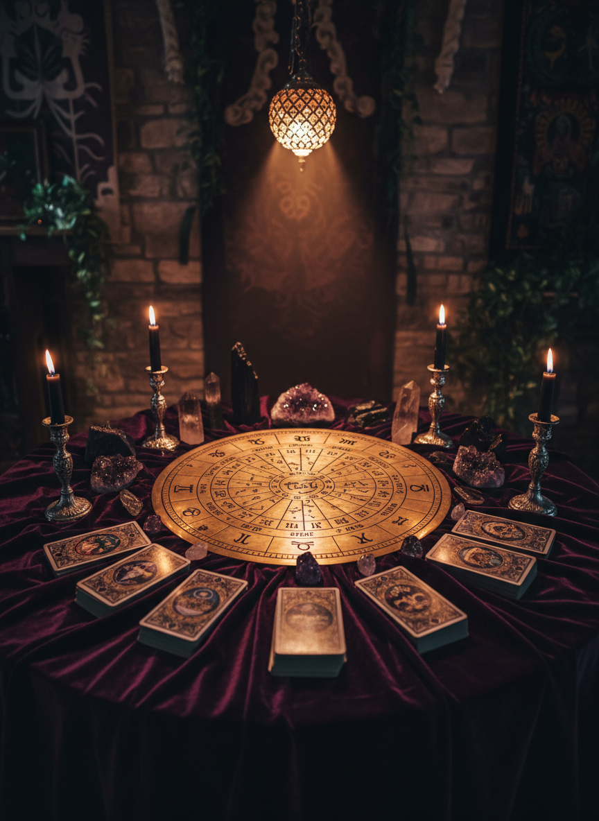 A dark wooden altar table draped in deep plum velvet, covered with an intricate circular zodiac wheel engraved in aged brass at the center. Around it, high-quality tarot decks fan out, their gilded edges catching the light beside clusters of raw amethyst, smoky quartz, and obsidian. Black beeswax candles in antique silver holders burn low, their flames flickering. The scene is set in a shadowy, bohemian room with rough stone walls. A single overhead pendant casts moody, directional light, creating dramatic highlights on the metals and crystals and rich shadows in the folds of fabric. Shot at eye level with photographic realism and a shallow depth of field, the mood feels mystical, luxurious, and intentionally dark, perfectly framing the altar as the heart of an occult home.