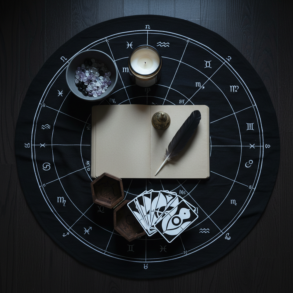 An overhead, photographic realism shot of a ritual preparation scene: a black circular cloth printed with a subtle white astrology chart spreads across a dark wood floor. On it sit neatly arranged items: a matte charcoal ceramic bowl of crystal chips, a hand-poured soy candle in a smoke-colored glass jar, a brass bell, and an open, unlined kraft journal with a black quill resting on top. A small, intricately carved wooden box spills out tarot cards with minimalist, high-contrast designs. The lighting is cool and low, like moonlight filtered through a window, casting soft, diffused shadows and giving the whites a gentle silver sheen. The mood is contemplative and intentional, with balanced composition and plenty of negative space, evoking preparation for a private, late-night witchy ritual.