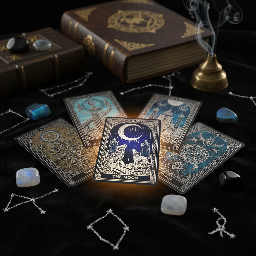 A close-up photographic view of a richly detailed tarot spread laid on a black velvet cloth embroidered with subtle silver constellations. The central card is the Moon, its artwork glowing softly, surrounded by other major arcana with intricate, modern-gothic illustrations. Polished labradorite, moonstone, and onyx crystals are carefully placed at the card corners, their iridescence catching dim light. In the background, out of focus, a heavy, leather-bound grimoire rests beside a brass incense burner releasing a thin curl of smoke. The lighting is low and moody, coming from one side like candlelight, casting long, soft shadows and emphasizing textures. Composed from a slightly elevated angle with a shallow depth of field, the atmosphere is mysterious, introspective, and witchy, in a cinematic, photographic realism style.