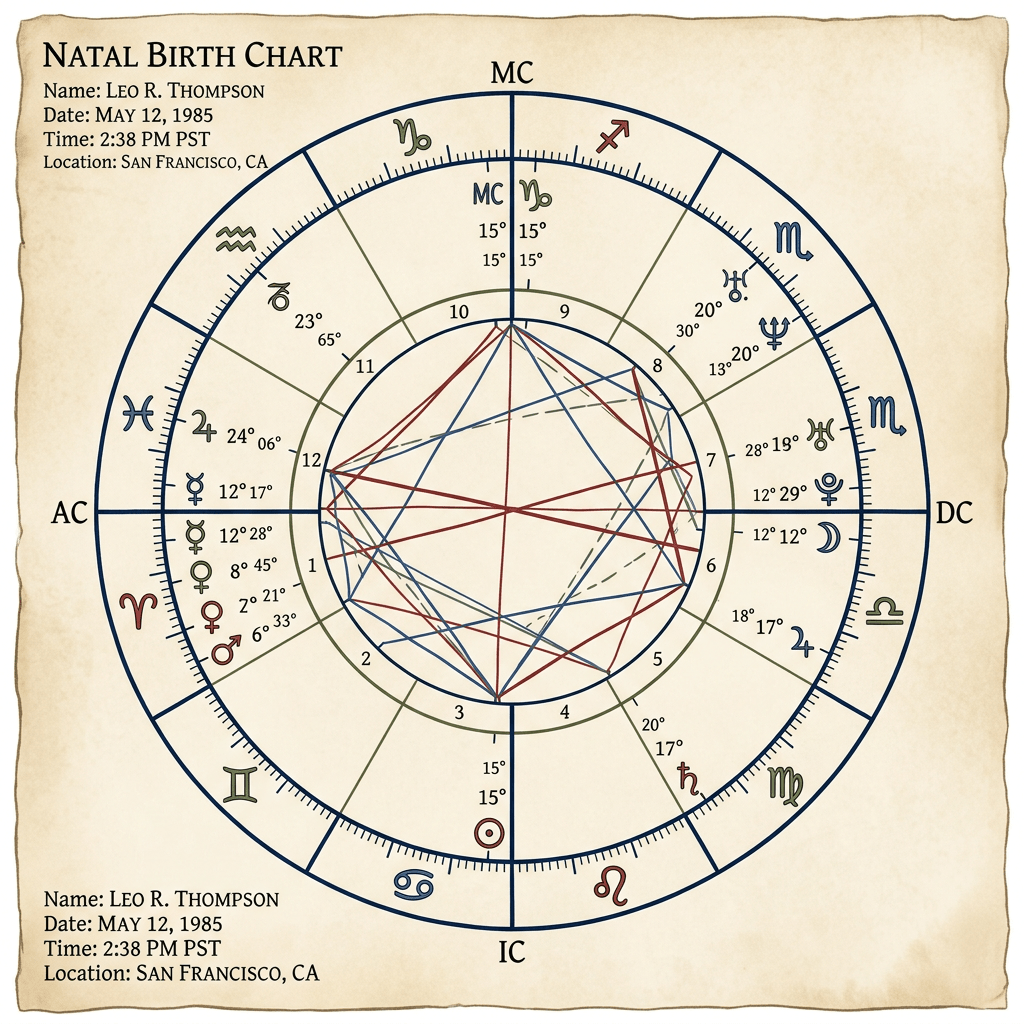 Natal birth chart with planetary positions for Leo R. Thompson on May 12, 1985, at 2:38 PM PST in San Francisco, CA