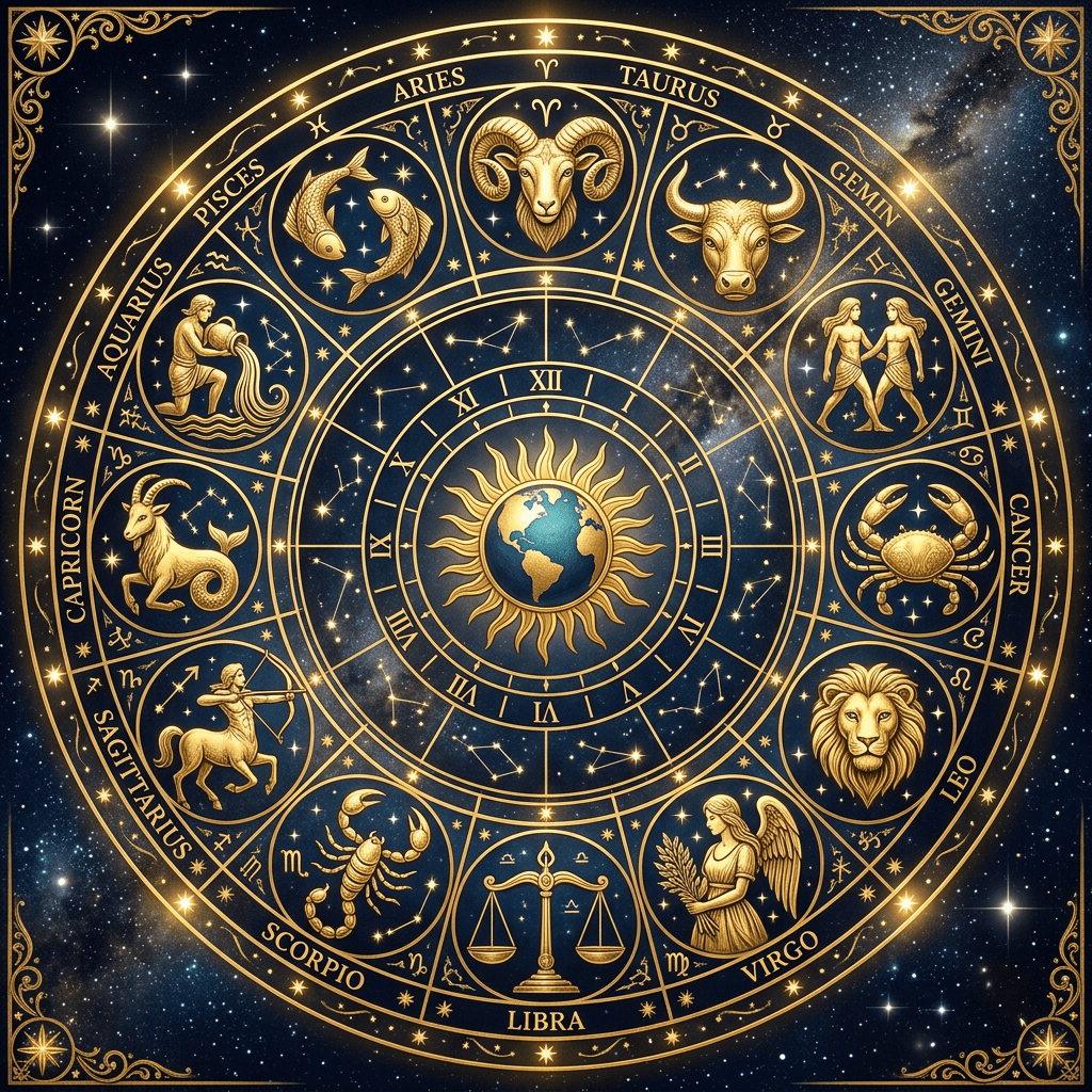 Golden zodiac wheel with Aries, Taurus, Gemini, Cancer, Leo, Virgo, Libra, Scorpio, Sagittarius, Capricorn, Aquarius, Pisces signs and Earth at center